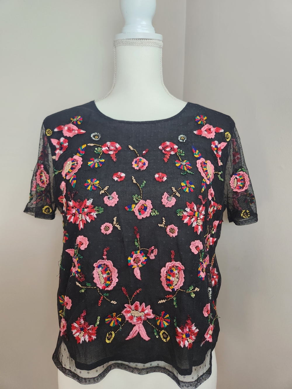 Zara Black Sheer Floral Embroidered Short Sleeve Blouse